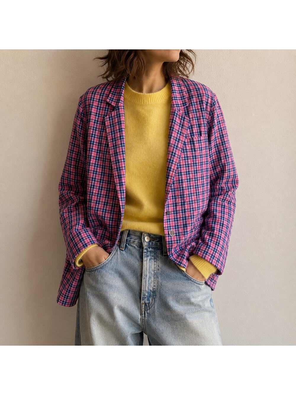 A Byer Plaid Madras Cotton Blazer Woman Pink Blue Single Button Jacket M Resort